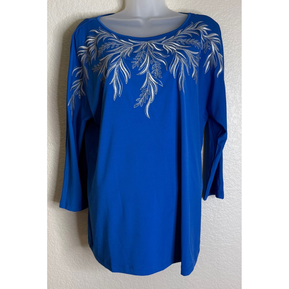 Bob Mackie Women Medium Top Blue Silver Embroidered Rhinestone 3/4 Sleeve Blouse